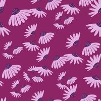 Natural seamless pattern with lilac random daisy flowers print. Pink dark background. Blossom ornament. vector