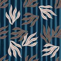 Seamless dark random pattern with vintage leaves shapes. Navy blue striped background. Plants ornament. vector