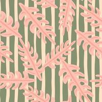 Scrapbook botanic seamless pattern with pink colored random leaf branches print. Grey striped background. vector