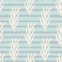 White leaf branches simple seamless pattern. Blue striped background. Hand drawn botanic backdrop. vector