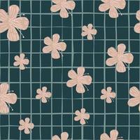 Random seamless pattern with doodle pink flowers simple print. Dark turquoise chequered background. vector