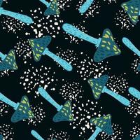 Random abstract seamless forest pattern with doodle blue mushroom elements. Black background with splashes. vector