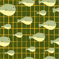 Random seamless ocean wildlife pattern with doodle puffer fish ornament. Green chequered background. vector