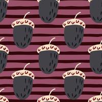 Seamless pattern in bright colors with simple acorn ornament. Purple striped background. vector