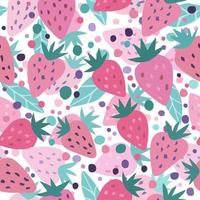 hand drawn strawberry with leaves and dot seamless pattern vector