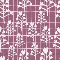 Random seamless botanic pattern with white flowers. Purple background with check. Simple design. vector