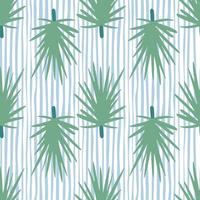 Light green pine branch silhouettes seamless doodle pattern. Stylized forest print with blue and white striped background. vector