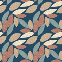 Random seamless pattern ornament leaves. Brown and blue botanic elements on dark navy background. vector