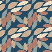 Random seamless pattern ornament leaves. Brown and blue botanic elements on dark navy background. vector