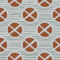 Seamless stylized pattern with scandinavian brown circle wood shield ornament. Grey striped background. Weapon print. vector