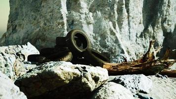old abandoned tyres on sea shore photo