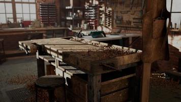 Various carpenter tools and supplies in a garage photo