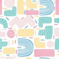 Abstract cute shapes vector seamless pattern on white background. Zig zag, plus, minus, t symbol, line doodle shapes.