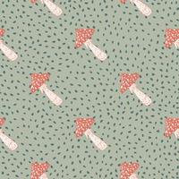 Food backdrop with red mushroom elements. Pale green dotted background. Cartoon forest print. vector
