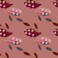 Pale tones seamless pattern with rowan berries and leaves ornament. Pink background. Scrapbook backdrop. vector