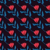 Dark contrast seamless botanic flower pattern. Red tulips with blue stems on black background. vector