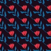 Dark contrast seamless botanic flower pattern. Red tulips with blue stems on black background. vector