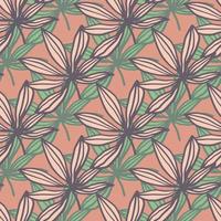 Weed contoured silhouettes seamless hand drawn pattern. Pink background with green and pastel tones.