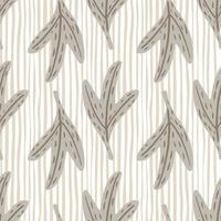 Seamless pattern with doodle grey outline leaves silhouettes. Light striped background. Nature print. vector