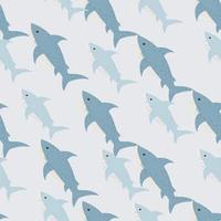 Pastel palette seamless pattern with blue shark hand drawn ornament. Light grey background. vector