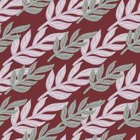 Tropic leaf branches seamless pattern in abstract style. Maroon background. Nature organic foliage print. vector