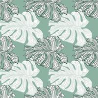 Abstract linear monstera outline seamless pattern on green background. Tropical leaves backdrop. vector