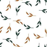 patrón decorativo sin costuras con formas de ramas de hojas simples aleatorias de color naranja y verde. Fondo blanco. vector