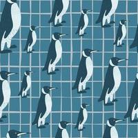 Random tropic zoo seamless pattern with doodle penguin ornament. Chequered background. Blue palette print. vector