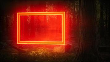 Neon glowing rectangle frame in the night forest photo