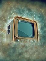 Retro tv with wooden case in smoke with bokeh photo