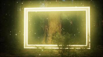 Neon glowing rectangle frame in the night forest photo
