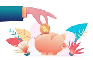 Big hand of businessman holds coin and puts it in piggy bank. Savings protection concept. Metaphor of investment, capital accumulation. Flat vector illustration