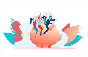 Little joyful people sit on piggy bank. Leader indicates path of development. Metaphor of increasing investment, capital accumulation. Successful teamwork concept. Flat vector illustration