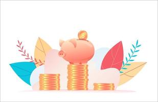 Large piggy bank stands on stack of huge coins as in first place. Metaphor of increasing investment, capital accumulation. Investment increase concept. Flat vector illustration