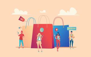 Small people on background of huge pacts with purchases look at phone. Metaphor of buying and evaluating goods. Concept of online shopping easy payment and ordering. Flat vector illustration