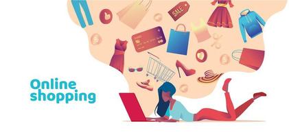 Young girl lies with laptop and looks through huge amount of goods and shopping online. Online shopping metaphor. Concept of easy payment and delivery of goods. Flat vector illustration