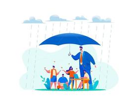 Big CEO boss hold huge umbrella in rain. metaphor vector