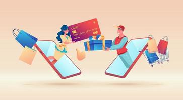 Girl is holding large plastic card. Joyful delivery man holds gift box in his hands. Seller and buyer in large mobile phones. Online shopping concept. Metaphor of remote payment and delivery of goods vector