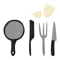 Set pan with fork,knife and eggshell on white background. Tool cooking in doodle. vector