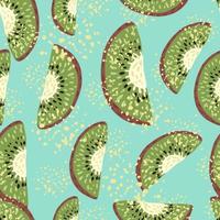 Random seamless pattern with green creative kiwi ornament. Blue background with splashes. vector