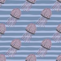 Light purple jellyfish seamless pattern. Doodle underwater print with stripped blue background. vector