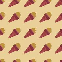 Ice cream in waffle cone seamless food pattern. Design in burgundy and beige colors. Simple wallpaper. vector