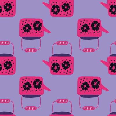 Bright pink teapots silhouettes seamless pattern. Kitchen ornament with flowers on light purple background.