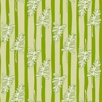 Diagonal contoured white branch ornament seamless pattern. Green vertically stripped background. vector