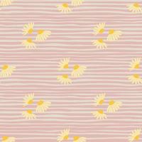 Summer botanic seamless pattern with simple yellow chamomile flowers shapes. Pink striped background. vector