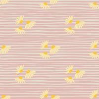 Summer botanic seamless pattern with simple yellow chamomile flowers shapes. Pink striped background. vector