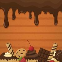 fondo de chocolate derretido con pasteles de chocolate vector