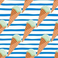 Seamless pattern with ice cream on white vackground with blue strips. Simple food backdrop. vector