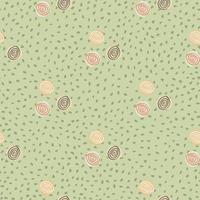 Pastel childish pattern with yellow, green and orange spirals. Green background with dots. vector