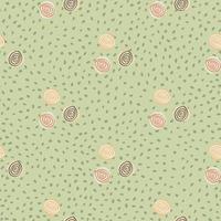 Pastel childish pattern with yellow, green and orange spirals. Green background with dots. vector